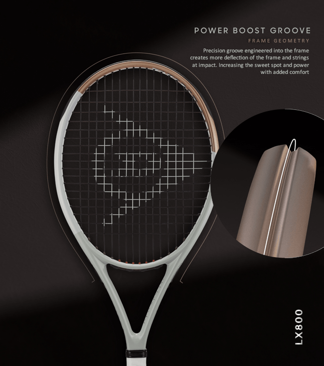 Power Boost Groove: Frame Geometry | Precision groove engineered into the frame creates more deflection of the frame and strings at impact. Increasing the sweet spot and power with added comfort