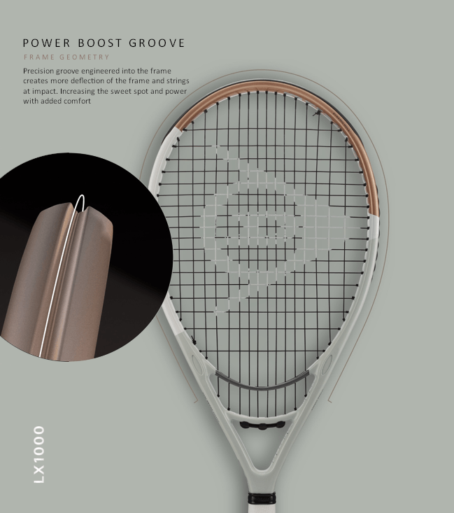 Power Boost Groove: Frame Geometry | Precision groove engineered into the frame creates more deflection of the frame and strings at impact. Increasing the sweet spot and power with added comfort